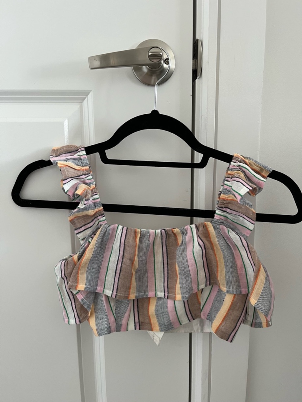 Tularosa Striped Ruffle Crop Top in Pastel Stripes